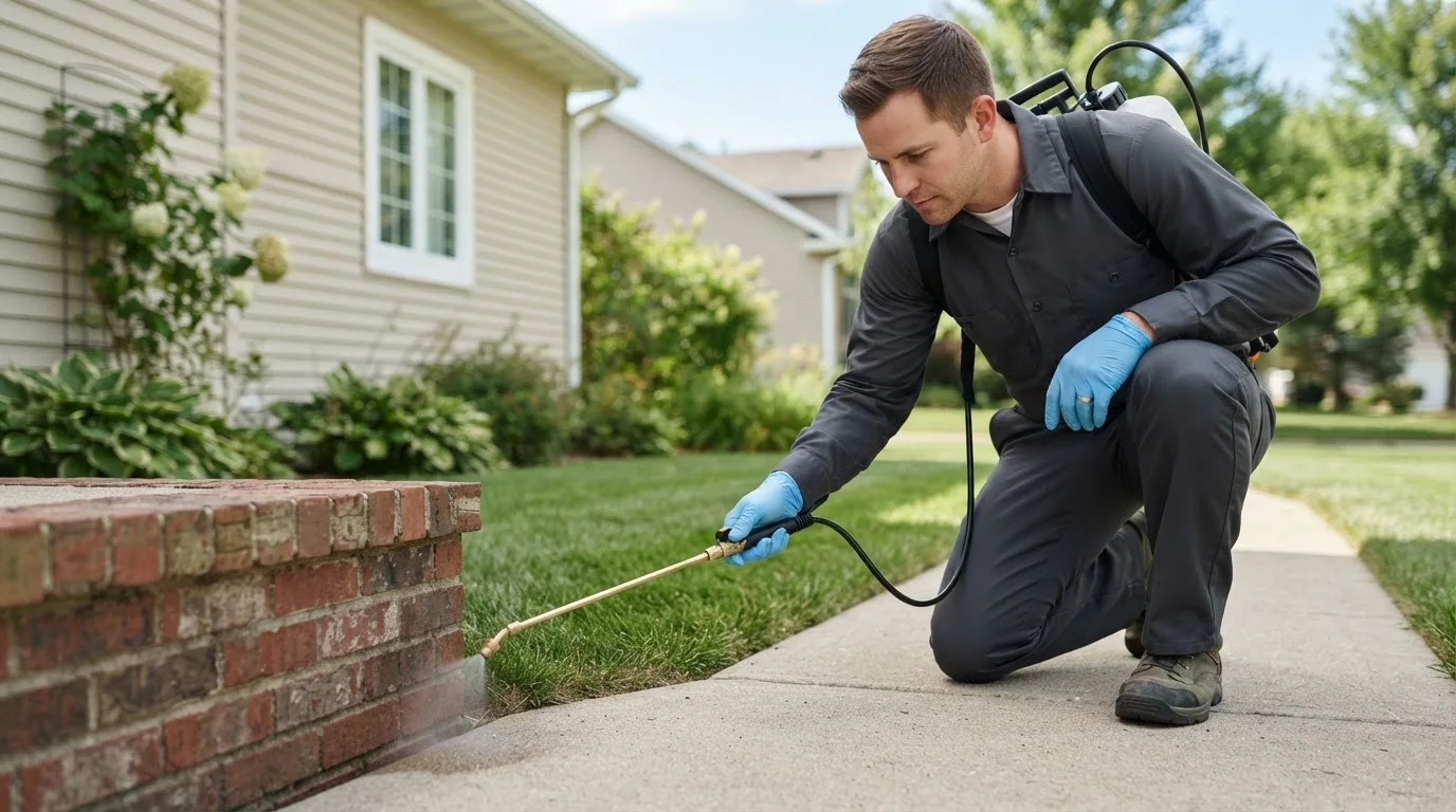 Pest control technician treating a home near League City, TX