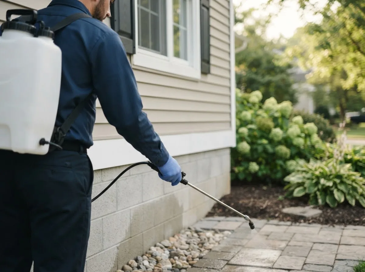 Pest control technician inspecting a home in League City, TX